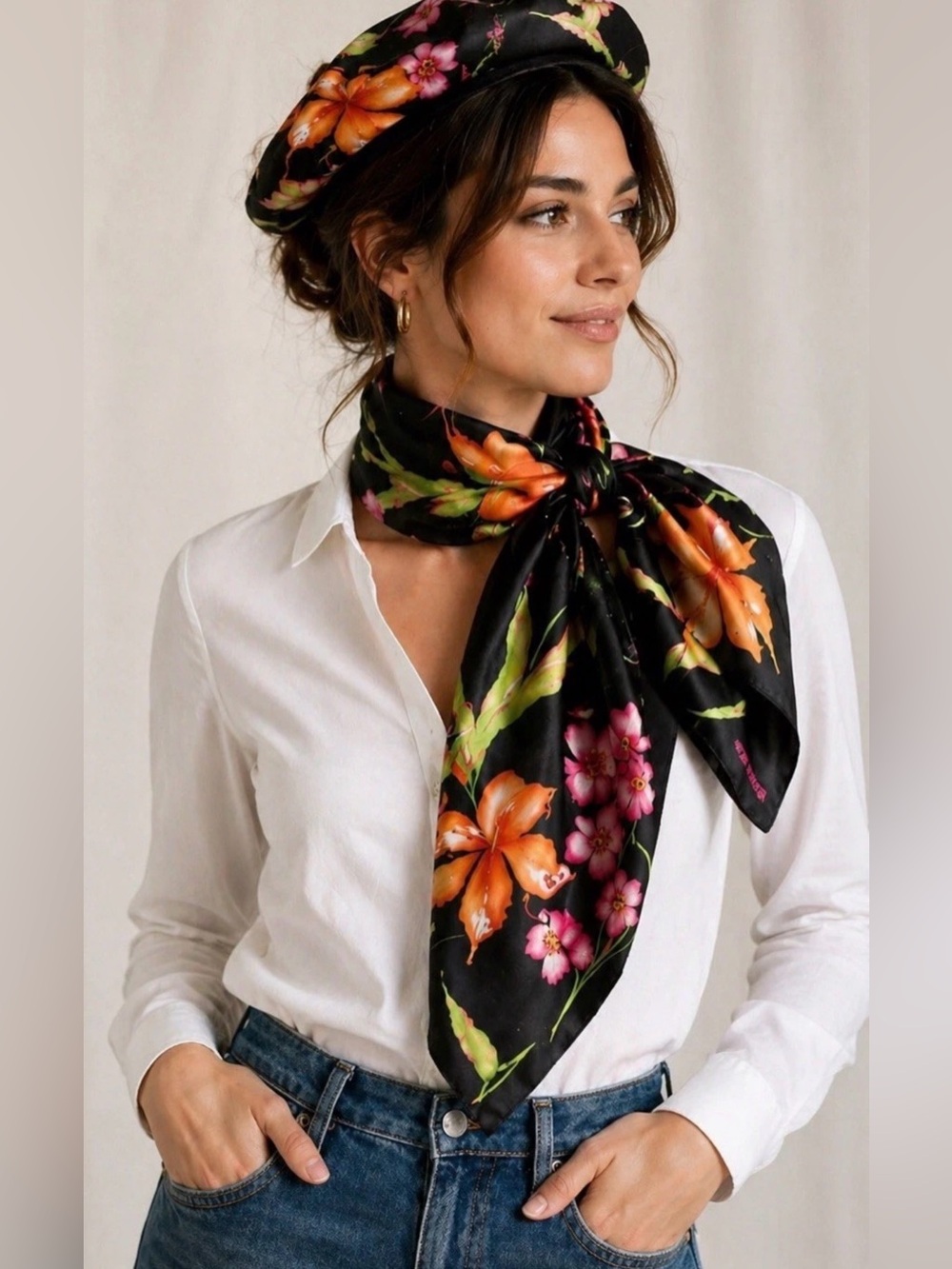 Ellen Tracy Silk Floral Square Scarf Black Orange Pink Wrap Shawl 35”